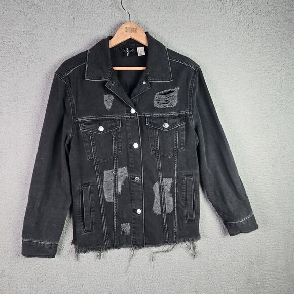 Divided Black Denim Jacket Thrashed Distressed Raw Hem Oversized Y2K Fall Retro - Picture 16 of 16